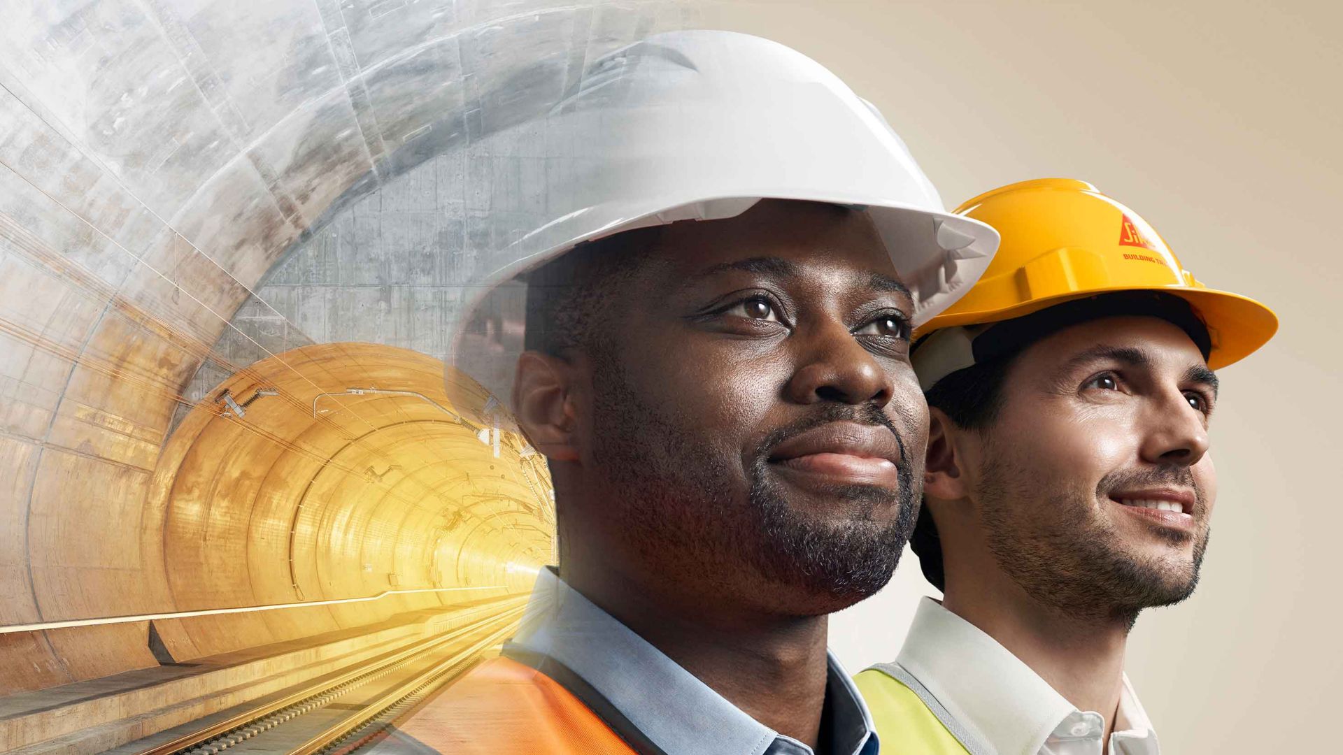 2 men faces worker engineer with Sika hardhat in tunnel Beyond the Expected image campaign