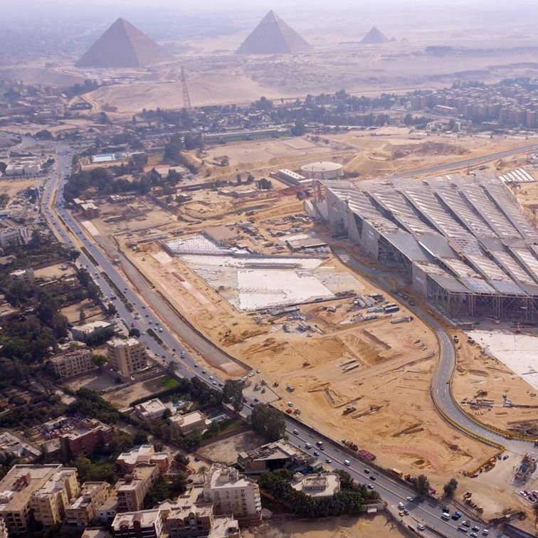Aerial view of construction of Grand Egyptian Museum in Giza, Egypt