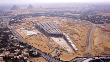 Aerial view of construction of Grand Egyptian Museum in Giza, Egypt