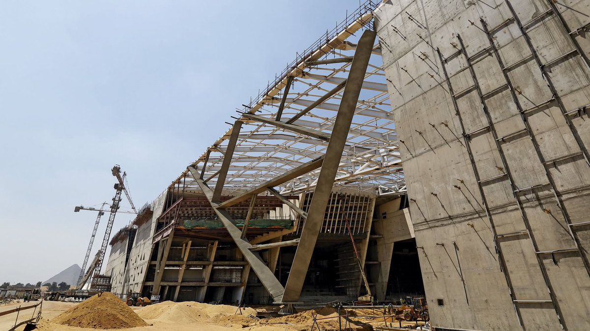 Facade view of construction of Grand Egyptian Museum in Giza, Egypt