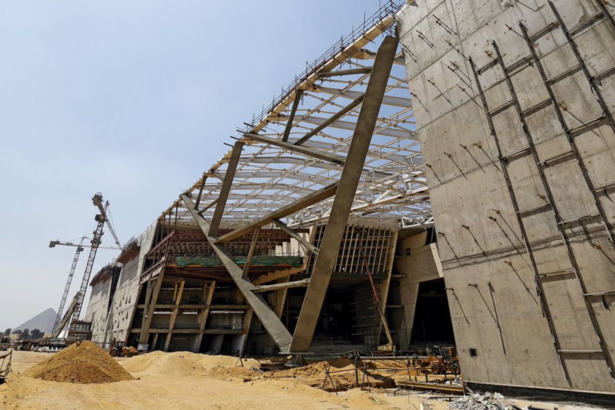 Facade view of construction of Grand Egyptian Museum in Giza, Egypt