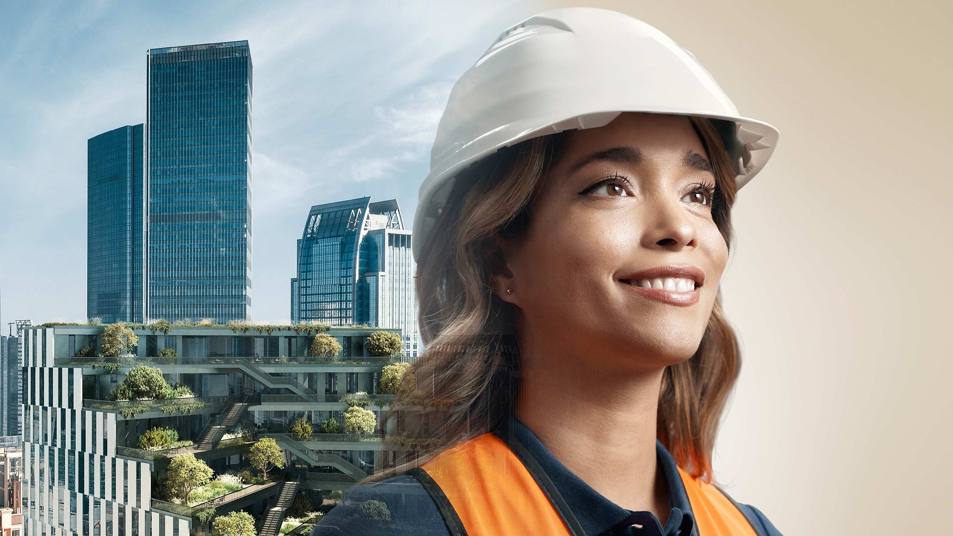 Green roofs among high-rise buildings with woman in front