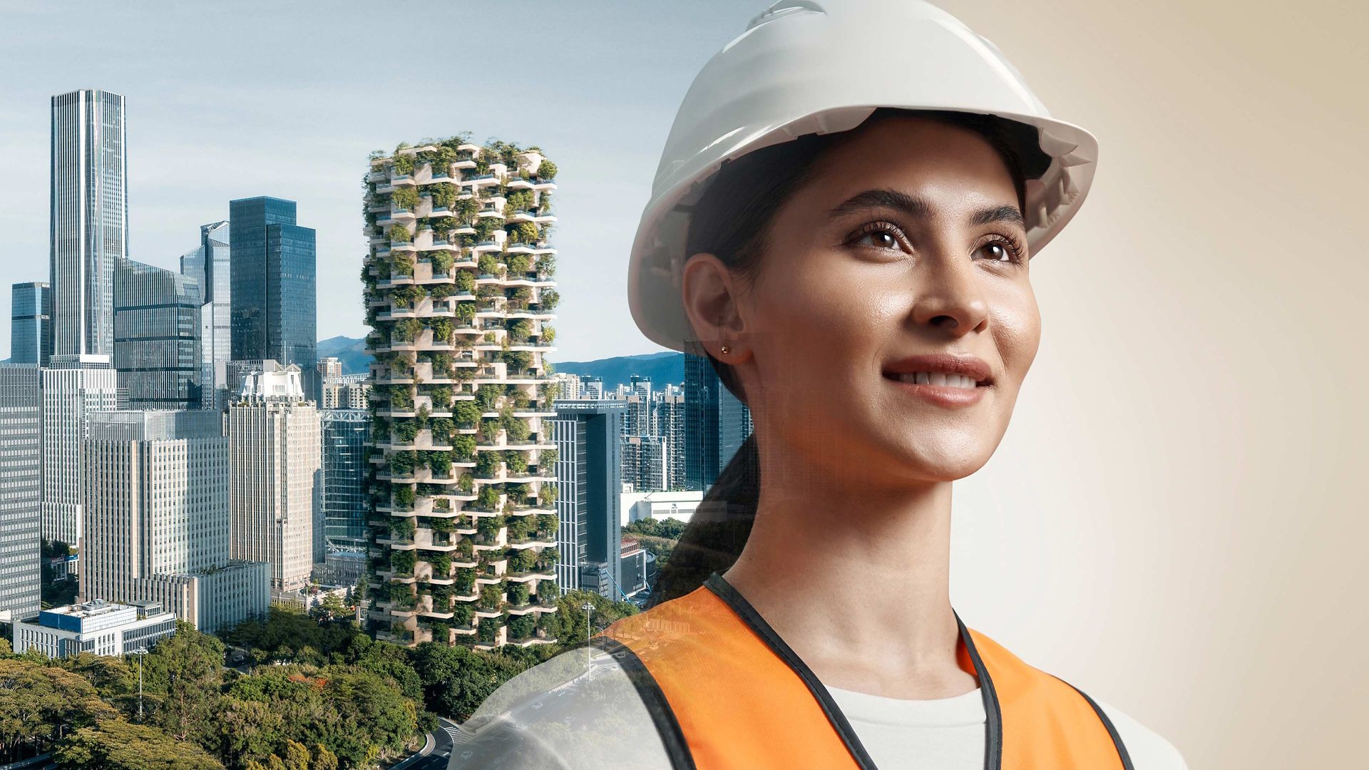 Woman with a city in the background, with green park, green roofs and high-rise buildings