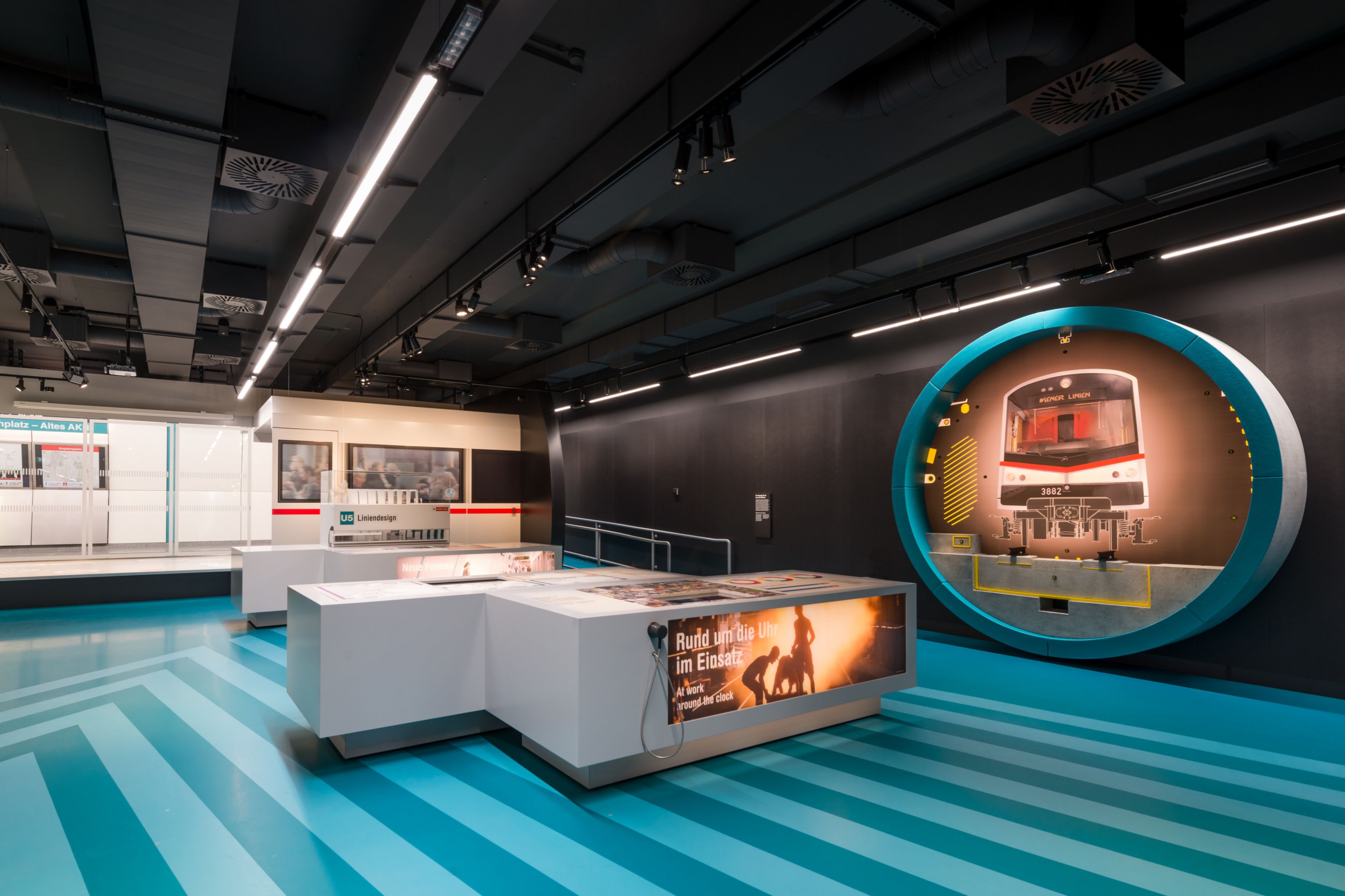 Blue Sika ComfortFloor decorative floor at Information Center at Volkstheater metro station