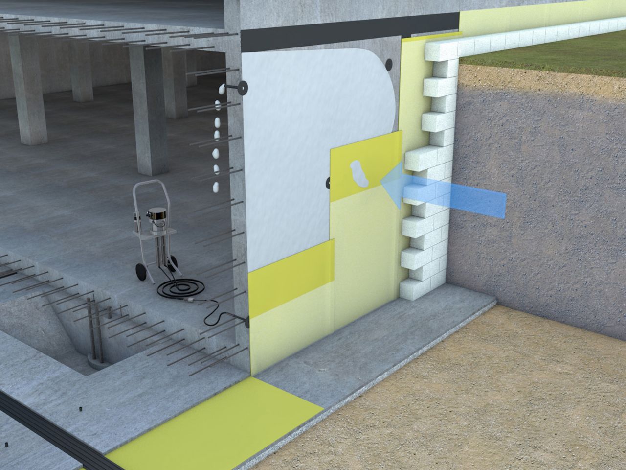 Injection for waterproofing leaking sheet membrane 3d rendering