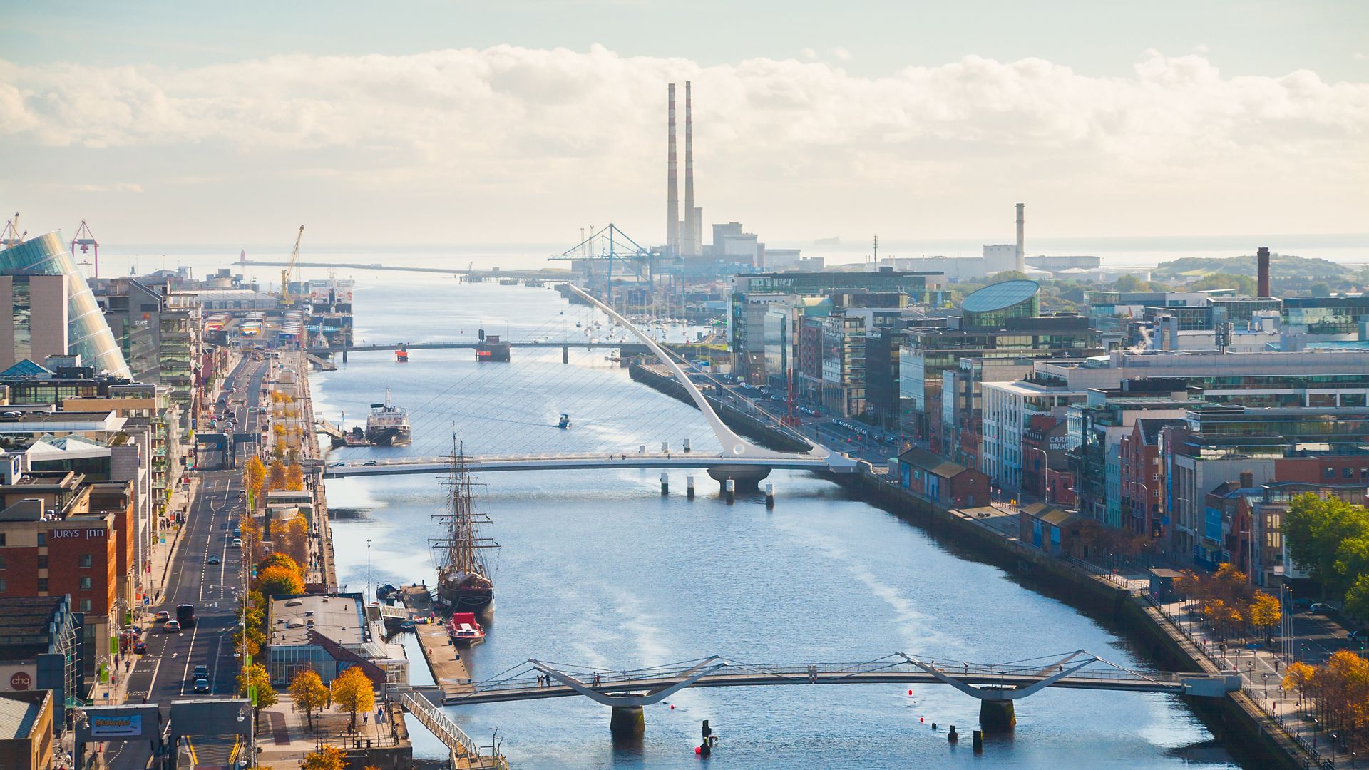 View over Dublin, Ireland of city and riverfront road