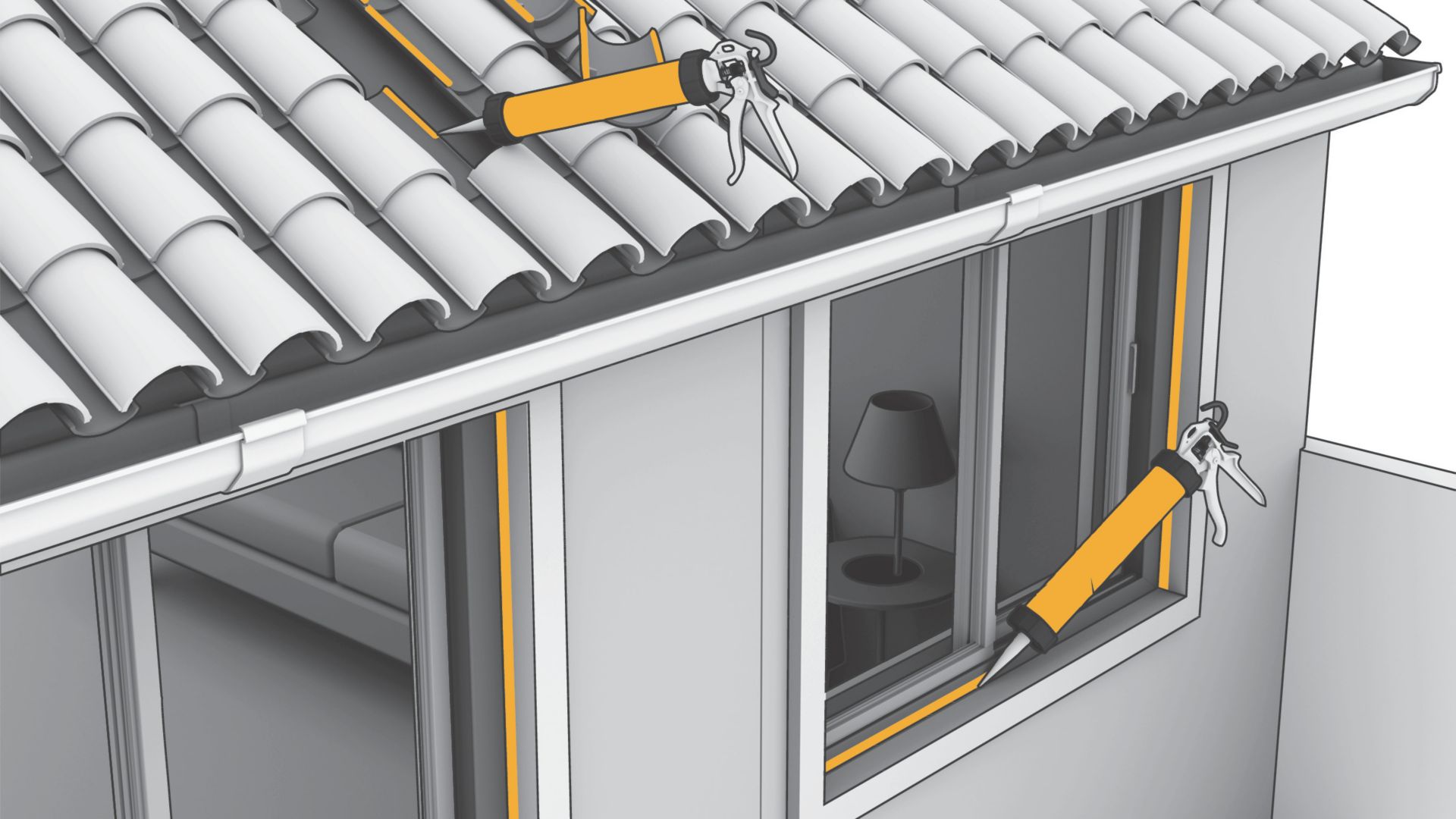 Illustration of roof tile adhesive and window joint sealant being applied