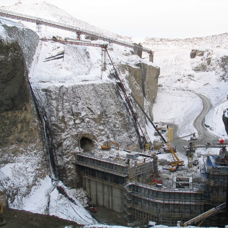 Construction site of Karahnjukar Hydropower Plant under arctic conditions in Iceland