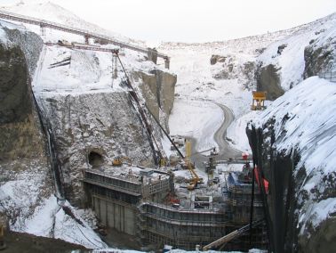 Construction site of Karahnjukar Hydropower Plant under arctic conditions in Iceland