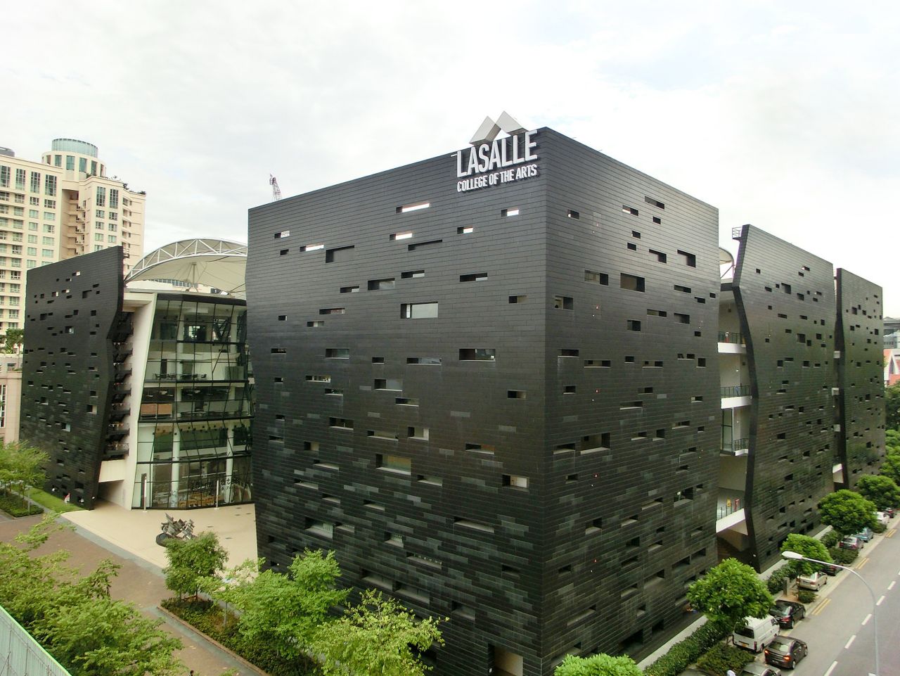 Building with black facade panels