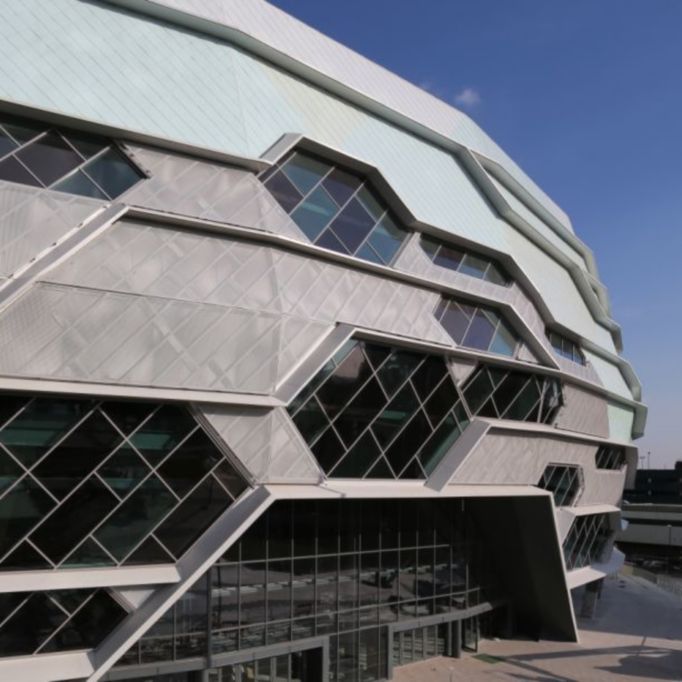 Single-ply roof PVC membrane of Sarnafil adhered roofing system installed on Leeds Arena in UK
