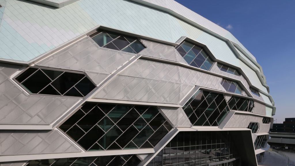 Single-ply roof PVC membrane of Sarnafil adhered roofing system installed on Leeds Arena in UK