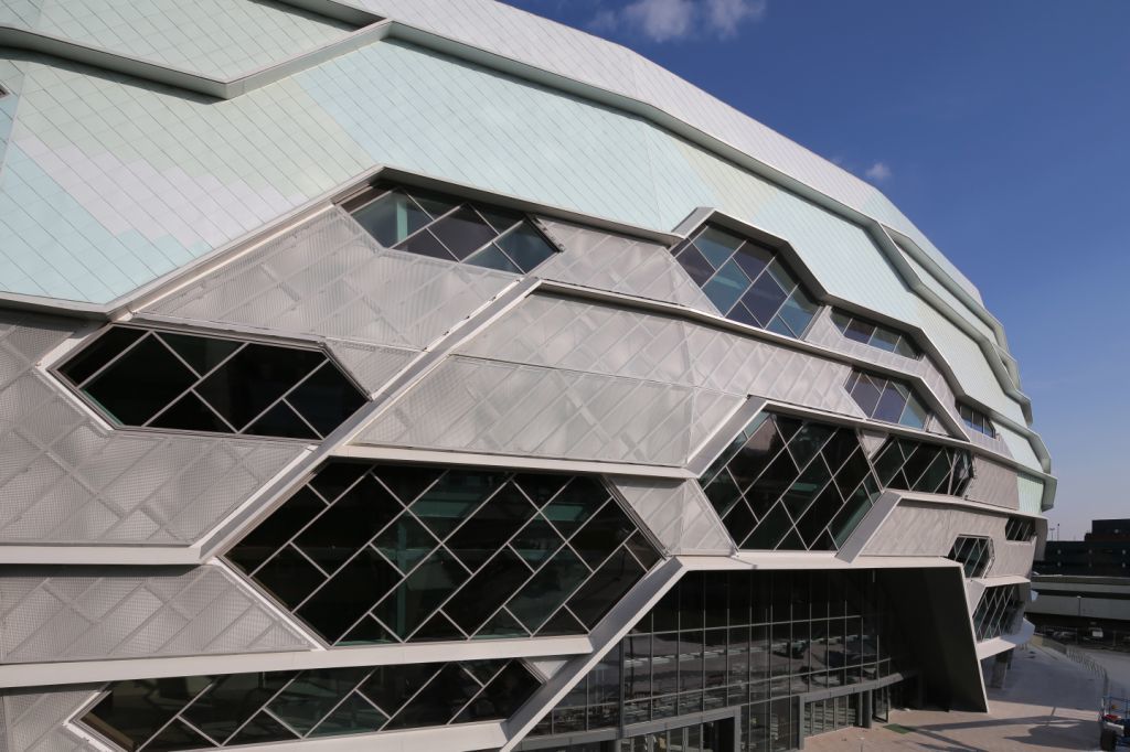 Single-ply roof PVC membrane of Sarnafil adhered roofing system installed on Leeds Arena in UK