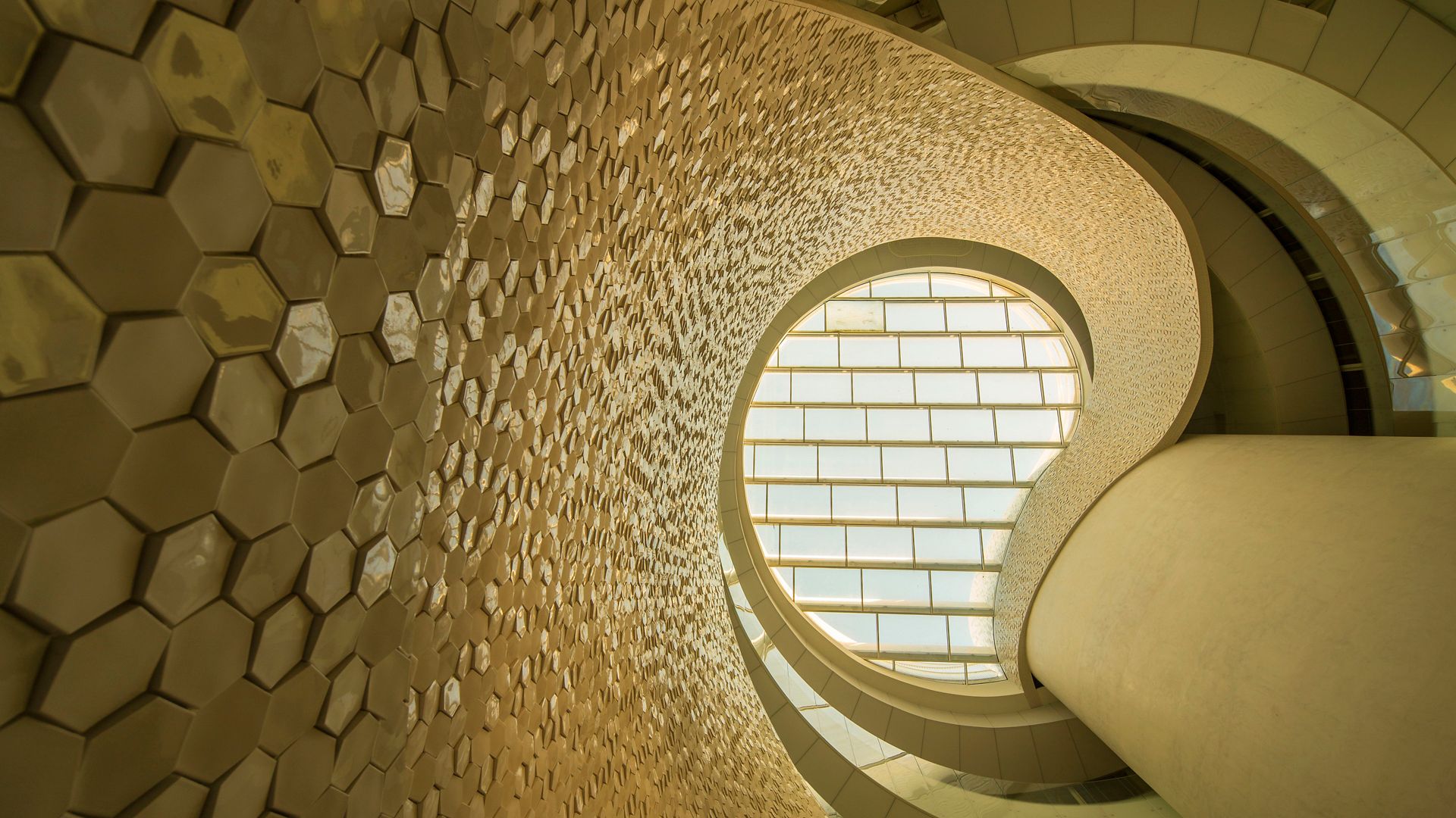 Hexagon shaped tiles on facade of Leixoes Cruise Terminal in Porto 