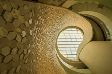 Hexagon shaped tiles on facade of Leixoes Cruise Terminal in Porto 