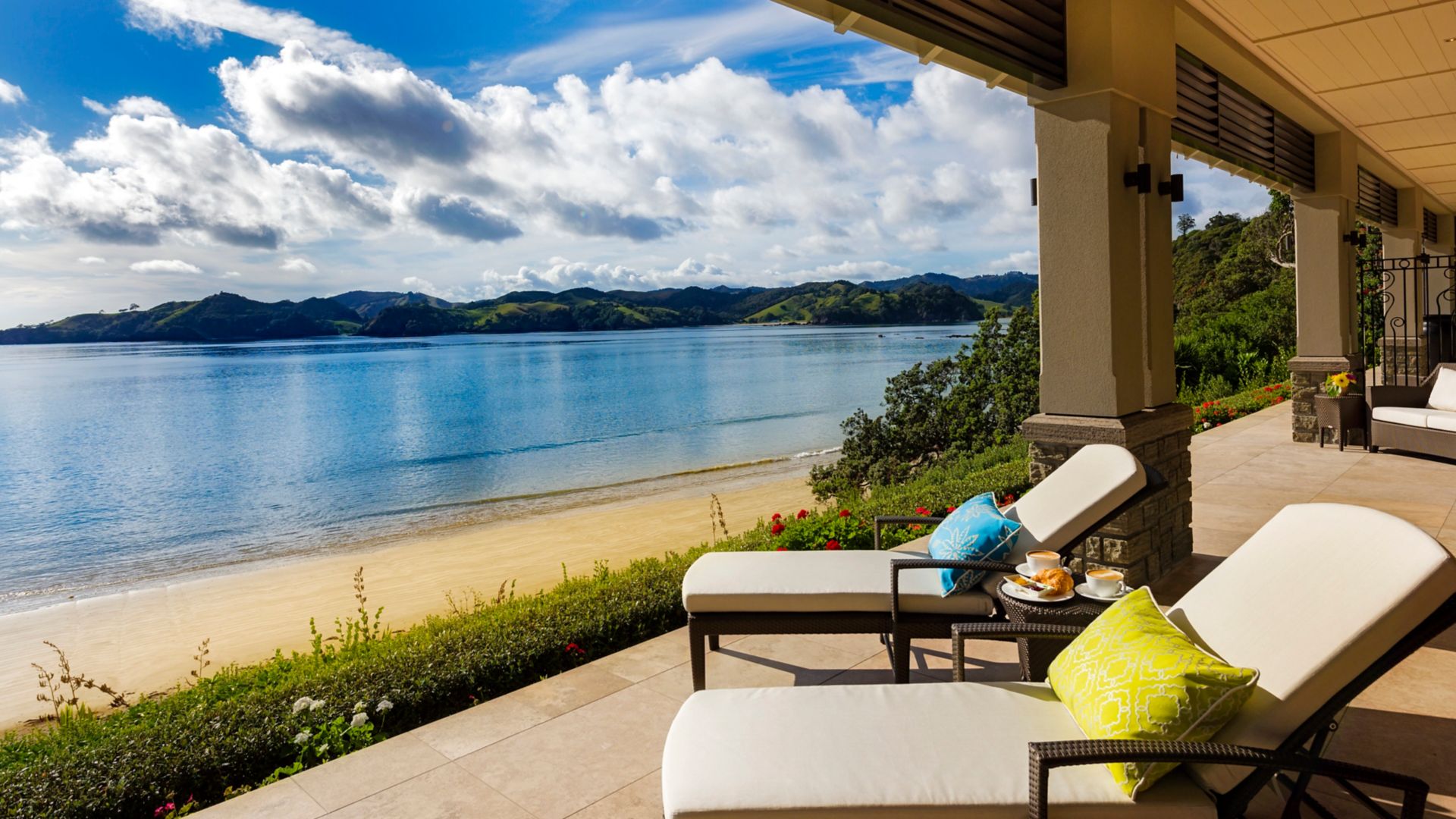 Trace with Helena Bay view in luxury lodge in New Zealand