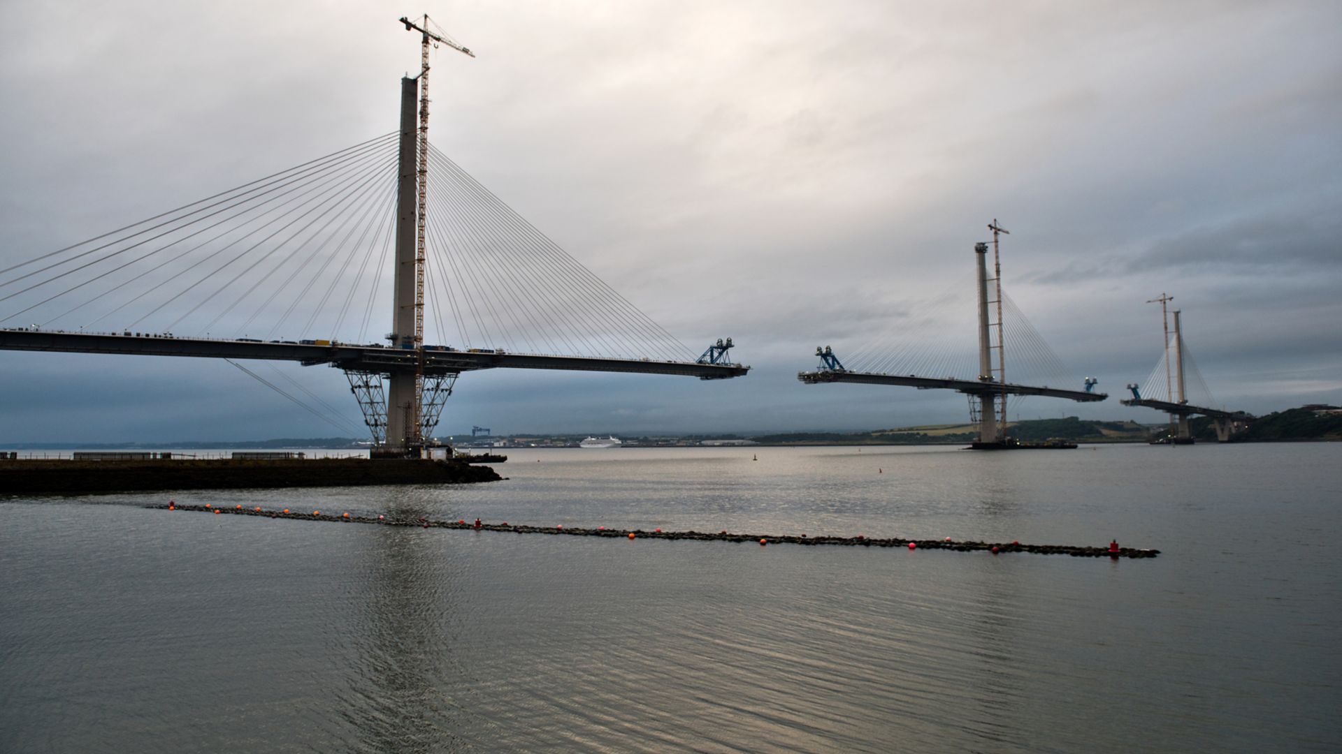 View on Forth Road Bridge and Queensferry Crossing in construction