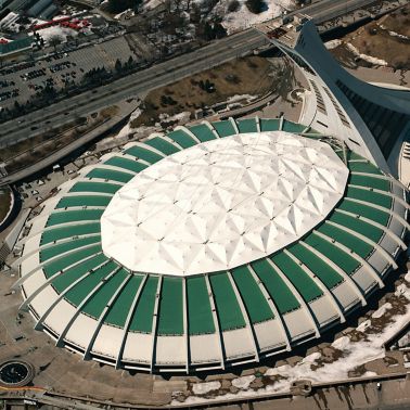 Single-ply roof PVC membrane of Sarnafil adhered roofing system installed on Montreal Olympic Stadium