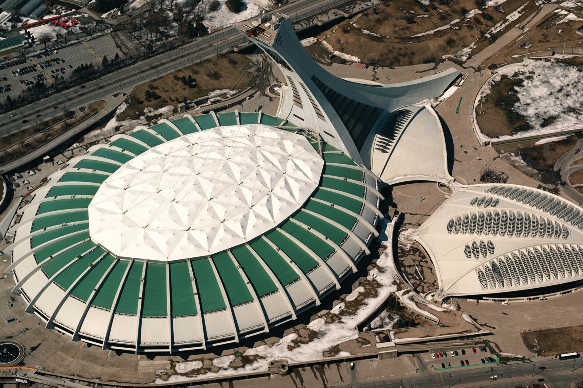 Single-ply roof PVC membrane of Sarnafil adhered roofing system installed on Montreal Olympic Stadium