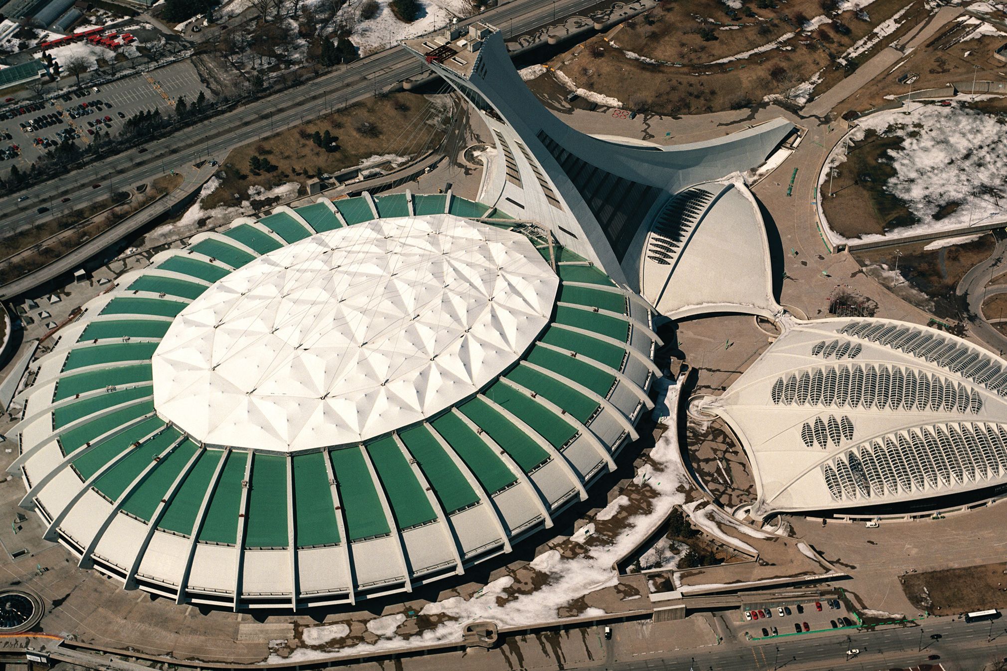 Single-ply roof PVC membrane of Sarnafil adhered roofing system installed on Montreal Olympic Stadium