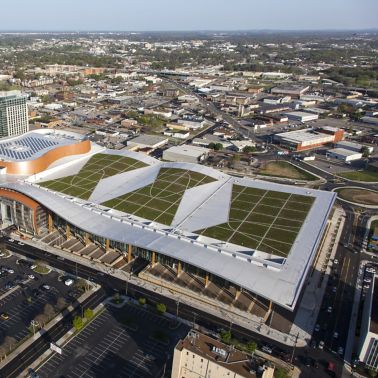 Green roof with single-ply membrane installed on Music City Center in Nashville in USA