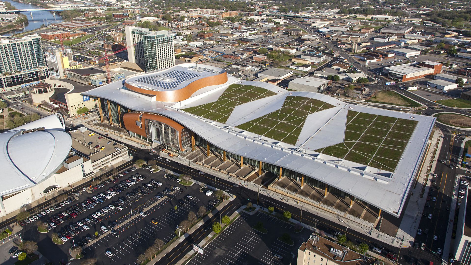 Green roof with single-ply membrane installed on Music City Center in Nashville in USA