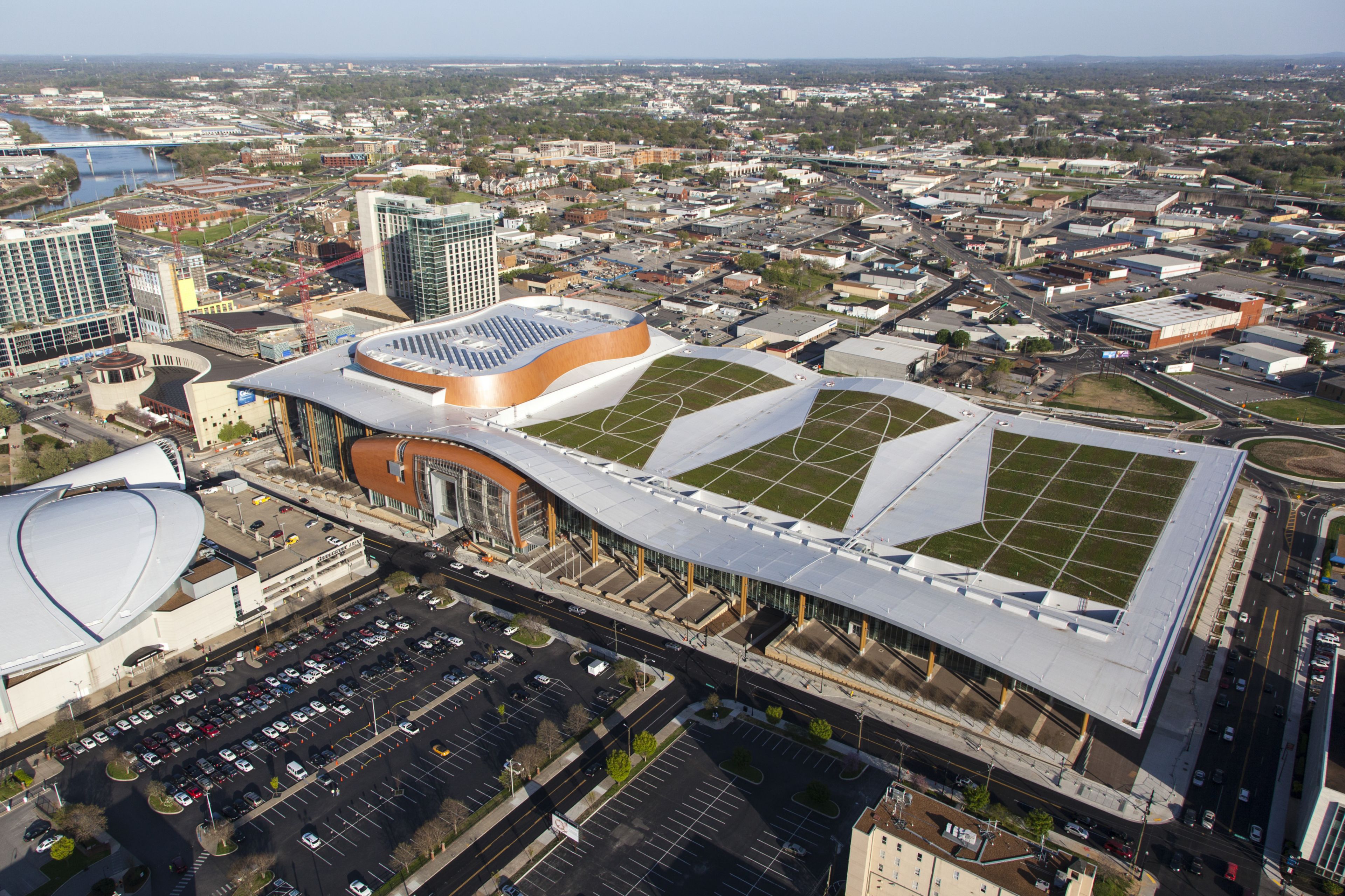 Green roof with single-ply membrane installed on Music City Center in Nashville in USA