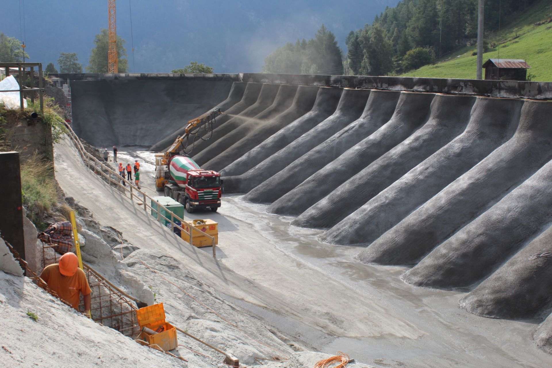 Applying sprayed concrete at Argessa Hydropower Plant, Oberems, Switzerland