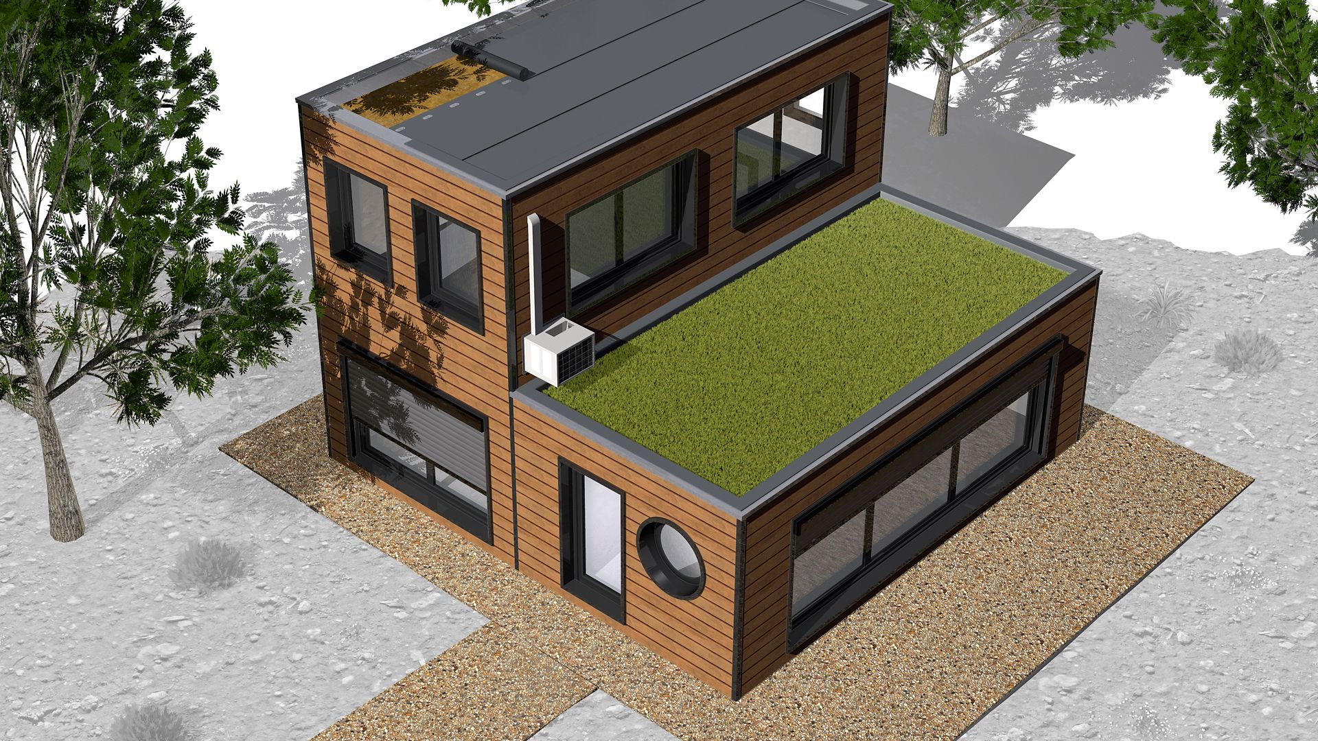 Illustration of modular building home with green roof and roof membrane installation for offsite construction