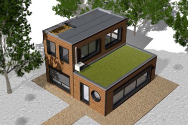 Illustration of modular building home with green roof and roof membrane installation for offsite construction