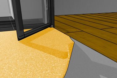 Illustration of interior kitchen floor adhesive application during offsite construction
