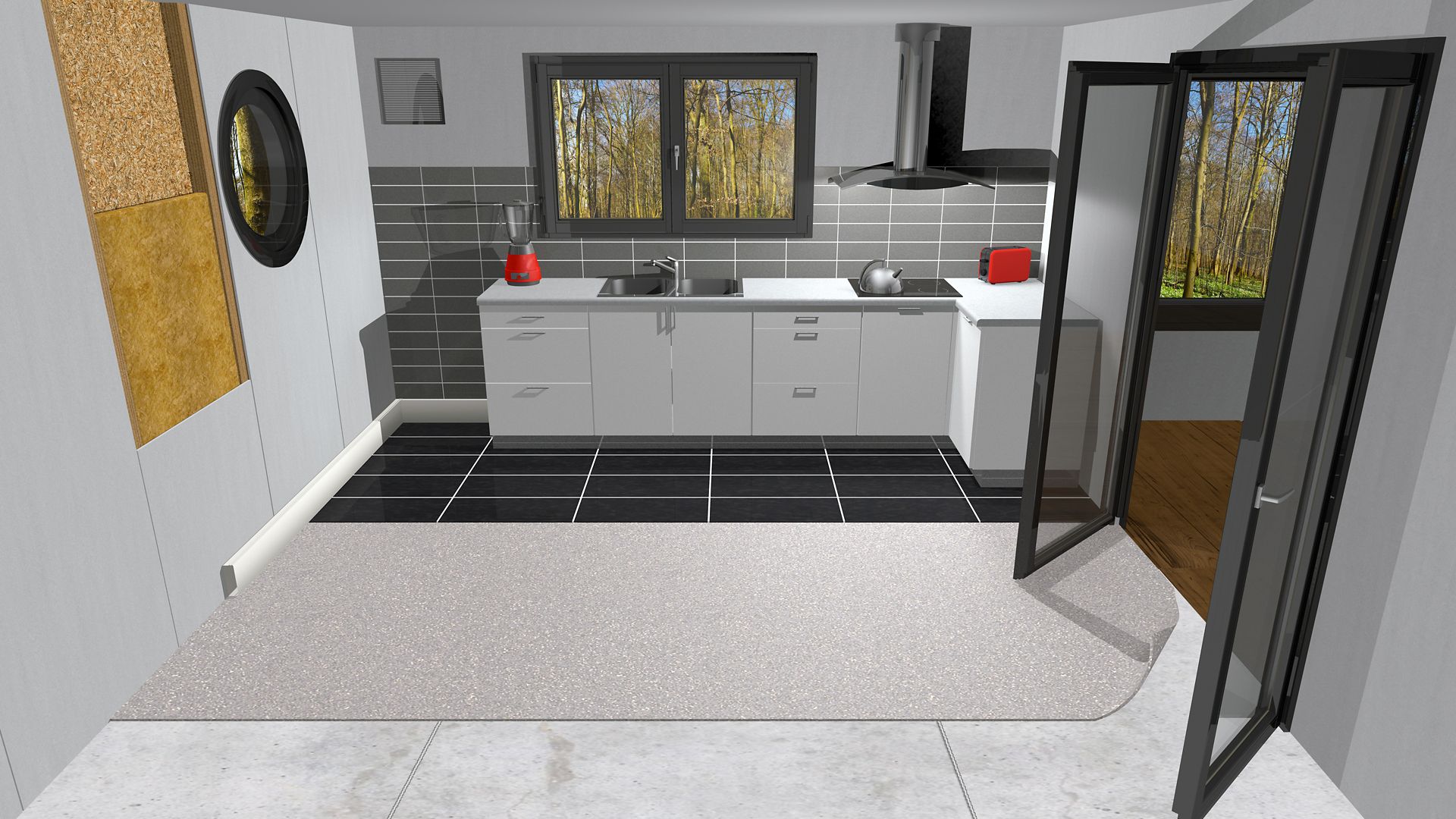 Illustration of interior kitchen modular building during offsite construction