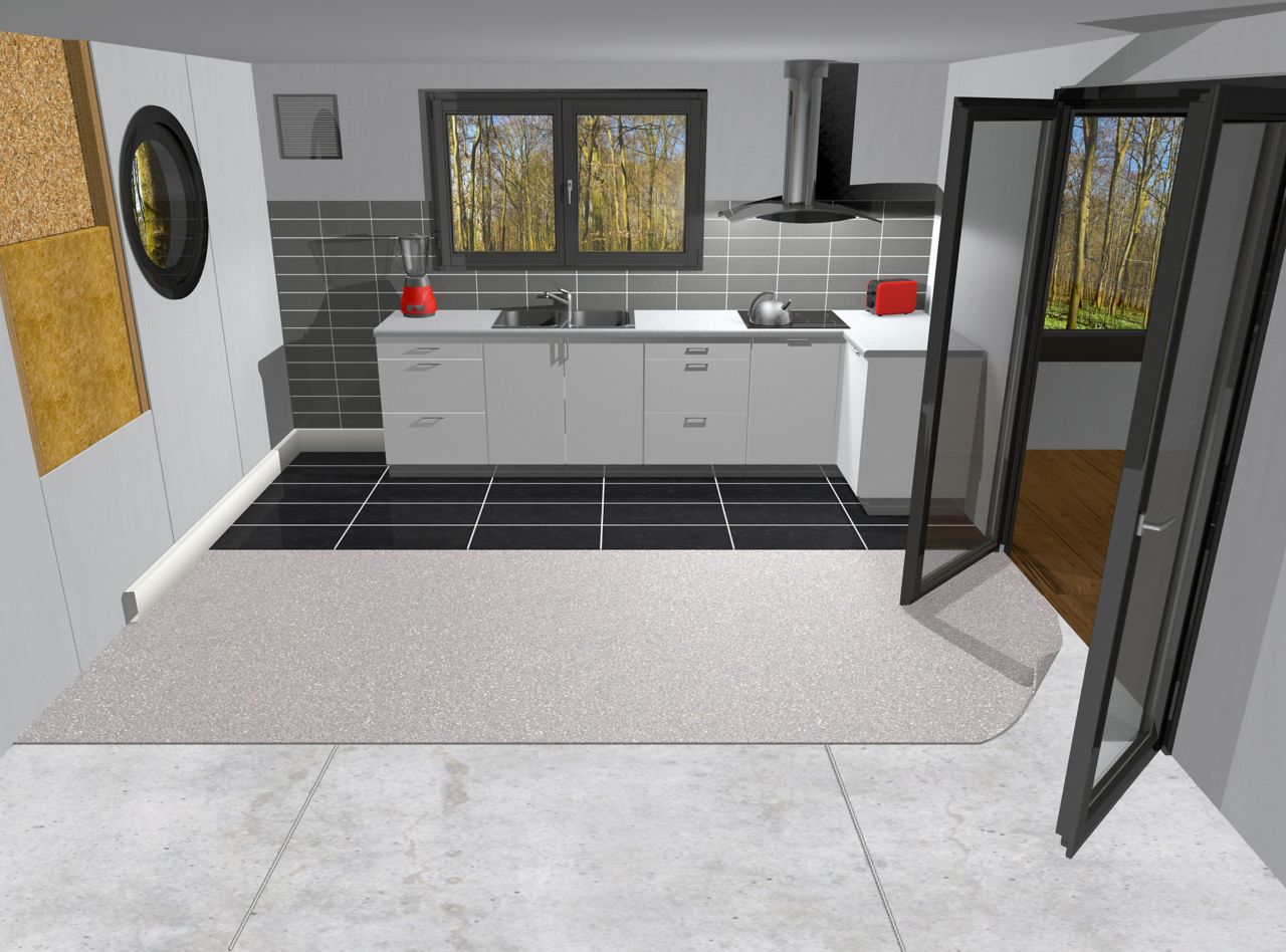 Illustration of interior kitchen modular building during offsite construction