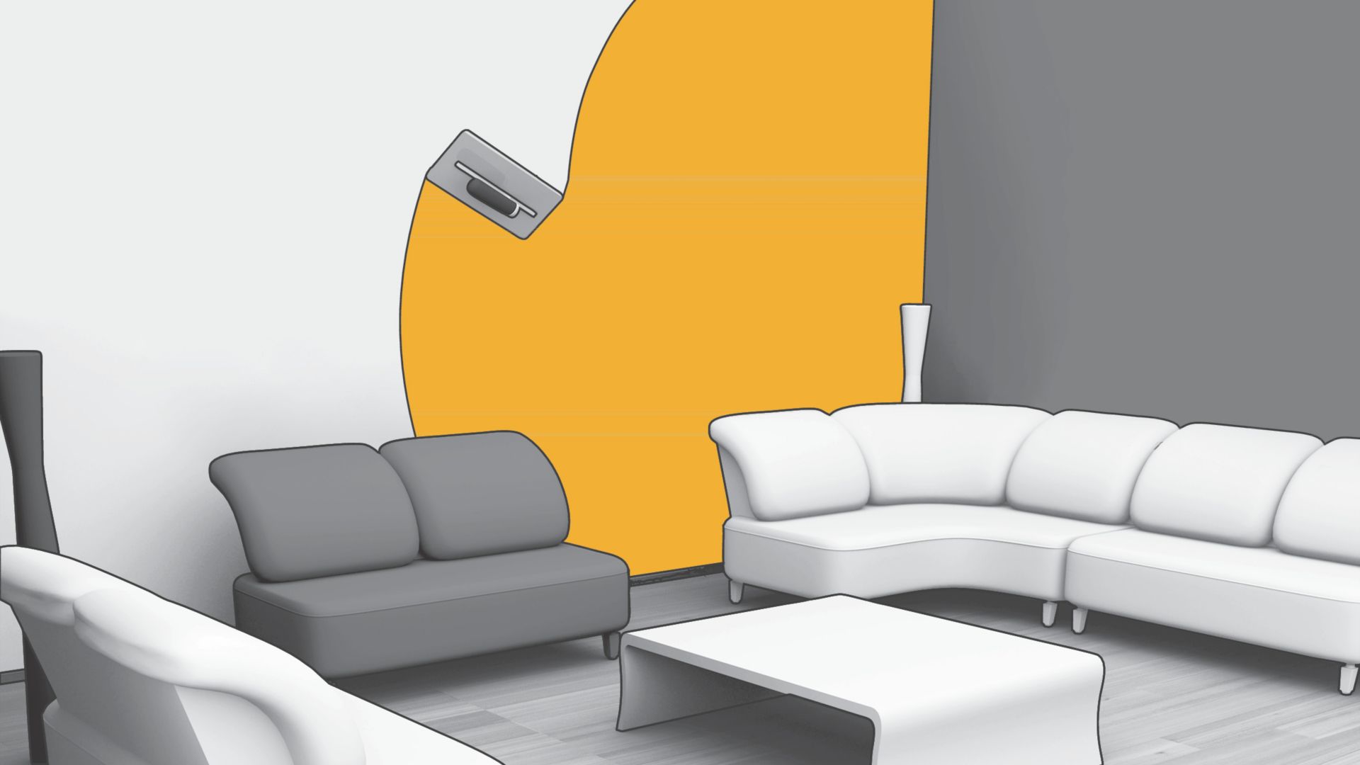 Illustration of wall leveling for interior finishing in living room with sofas