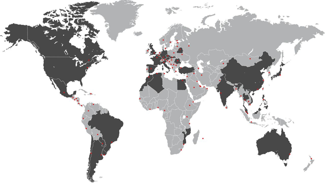 Countries in dark gray involved in integration of acquisitions.