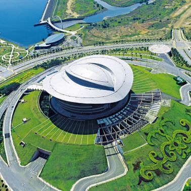 Single-ply roof PVC membrane of Sarnafil adhered roofing system installed on Putrajaya Convention Centre in Malaysia