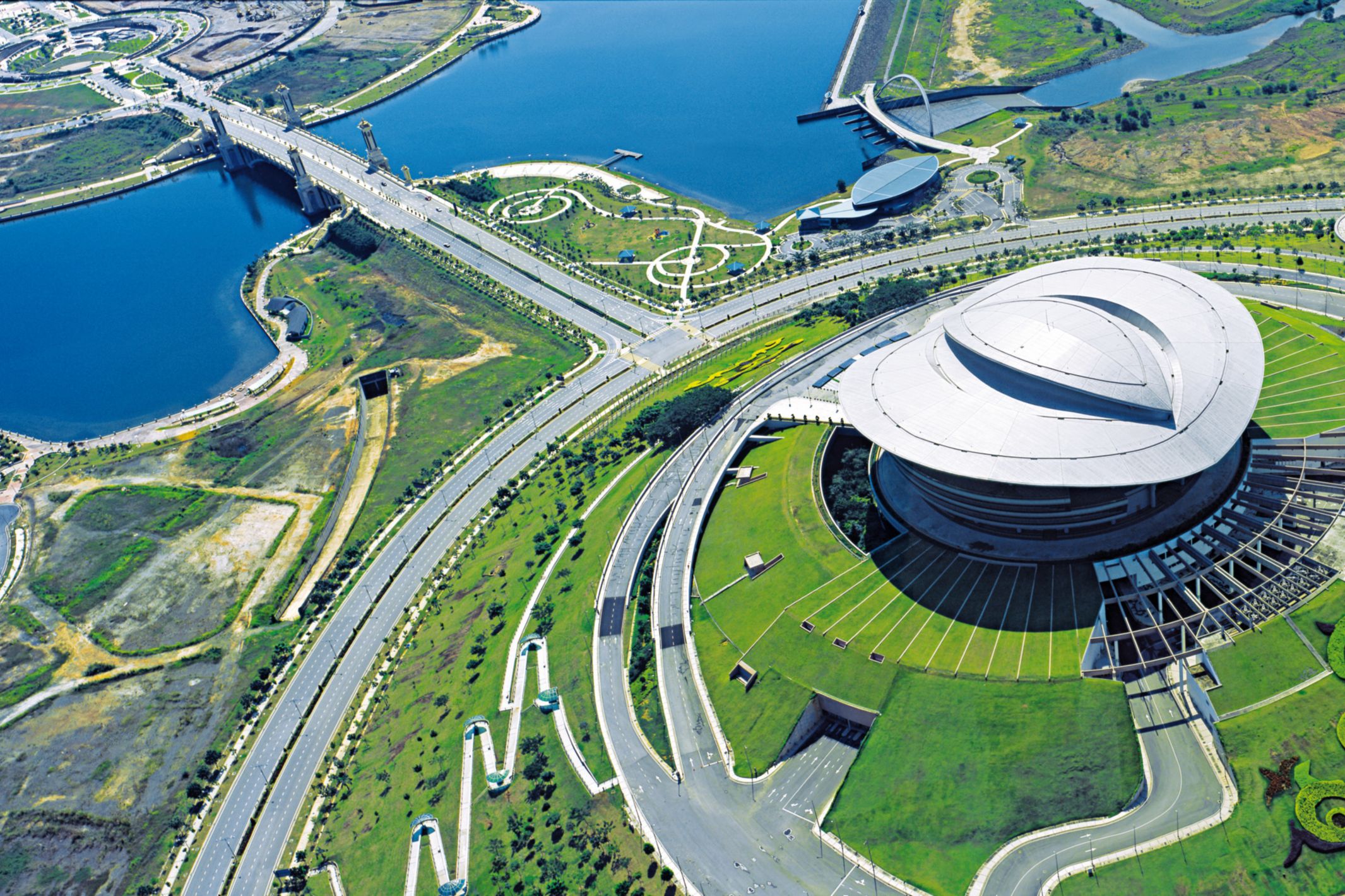 Single-ply roof PVC membrane of Sarnafil adhered roofing system installed on Putrajaya Convention Centre in Malaysia