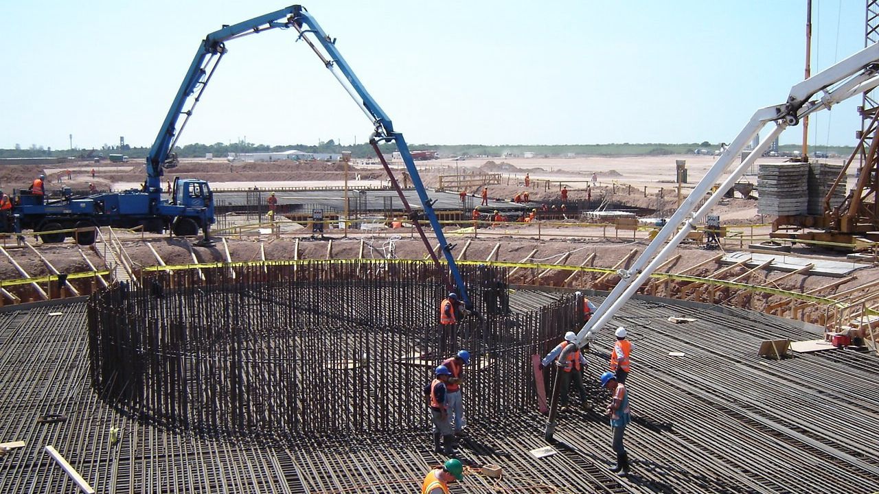 Ready mix concrete pouring on a construction site