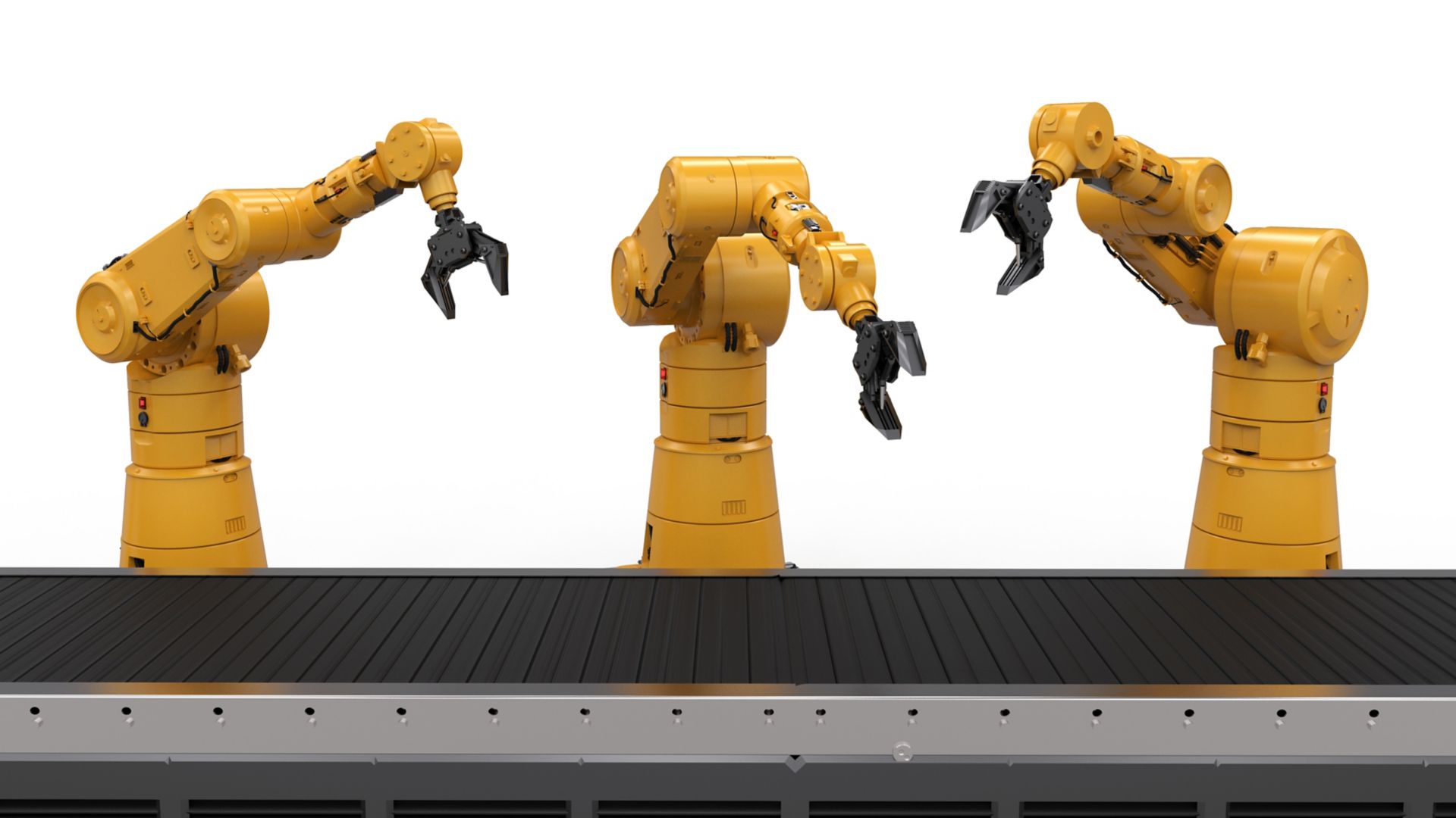 Industrial robotic arms with conveyor belt assembly line