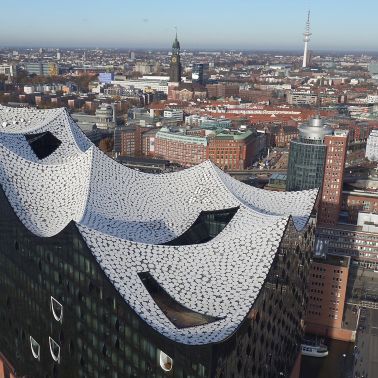 Elbphilharmonie Concert hall roof construction with Sika Sarnafil roof membrane Hamburg Germany skyline