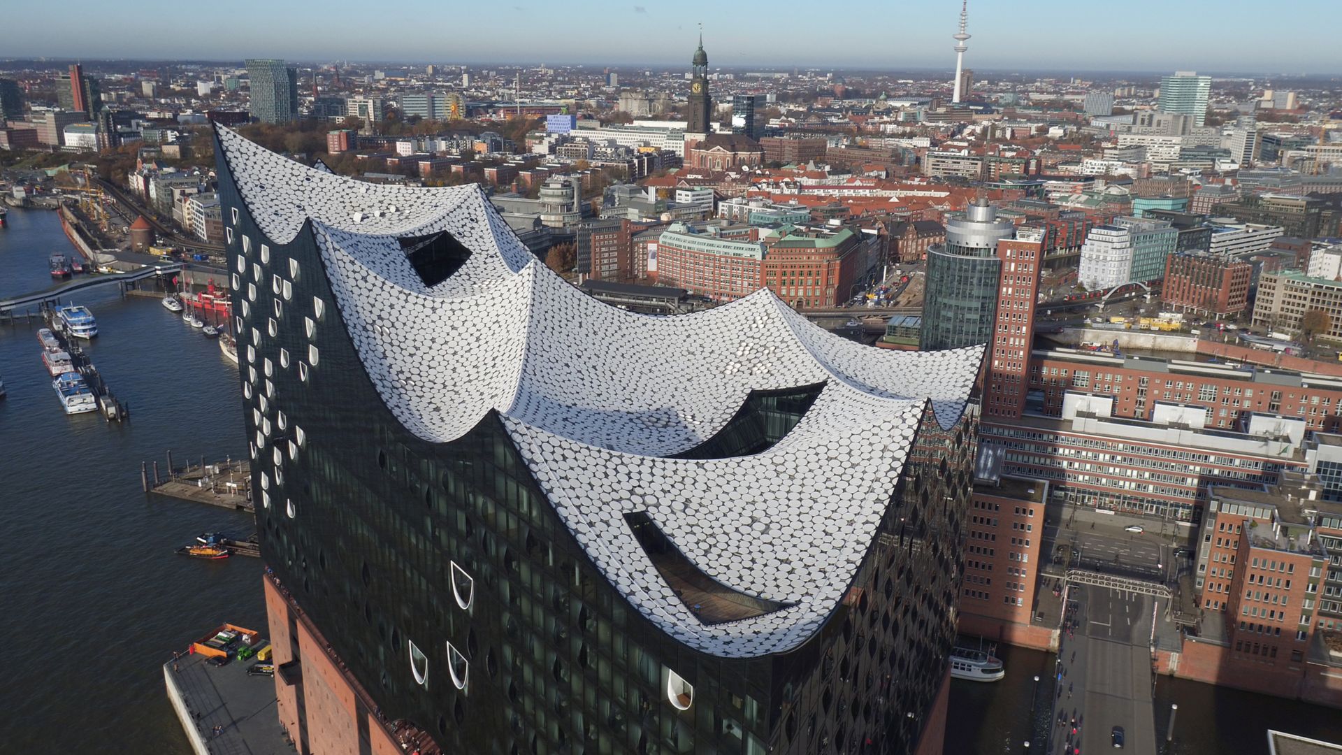 Elbphilharmonie Concert hall roof construction with Sika Sarnafil roof membrane Hamburg Germany skyline