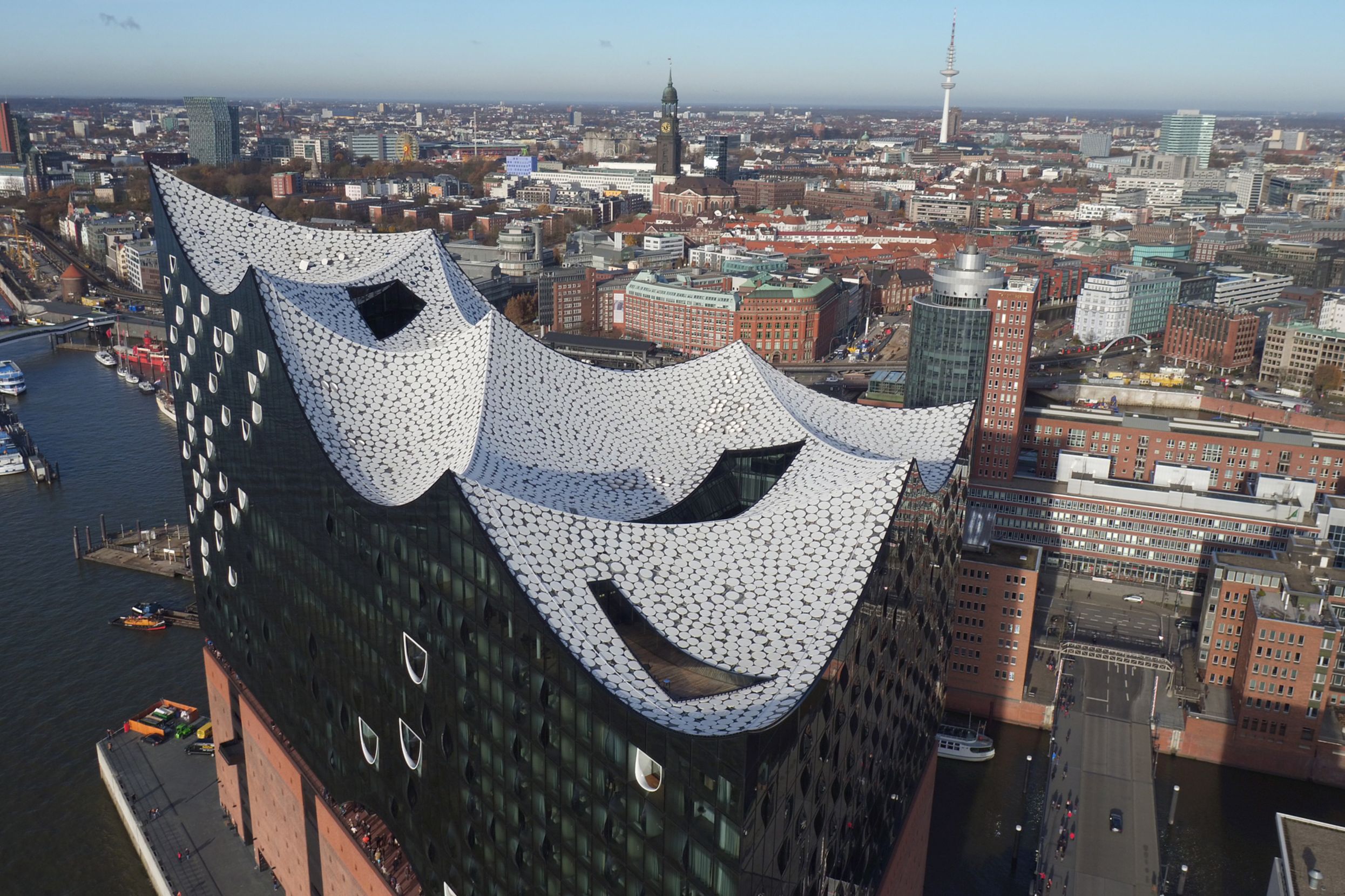 Elbphilharmonie Concert hall roof construction with Sika Sarnafil roof membrane Hamburg Germany skyline