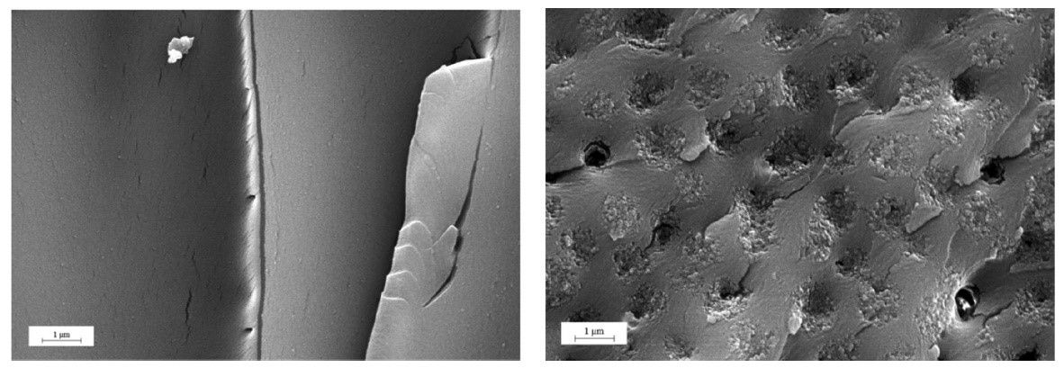 扫描电子显微镜图像的不带来的环氧基质（左）和钢化环氧基质，在固化时形成具有良好分布的Smartcore颗粒（右）。