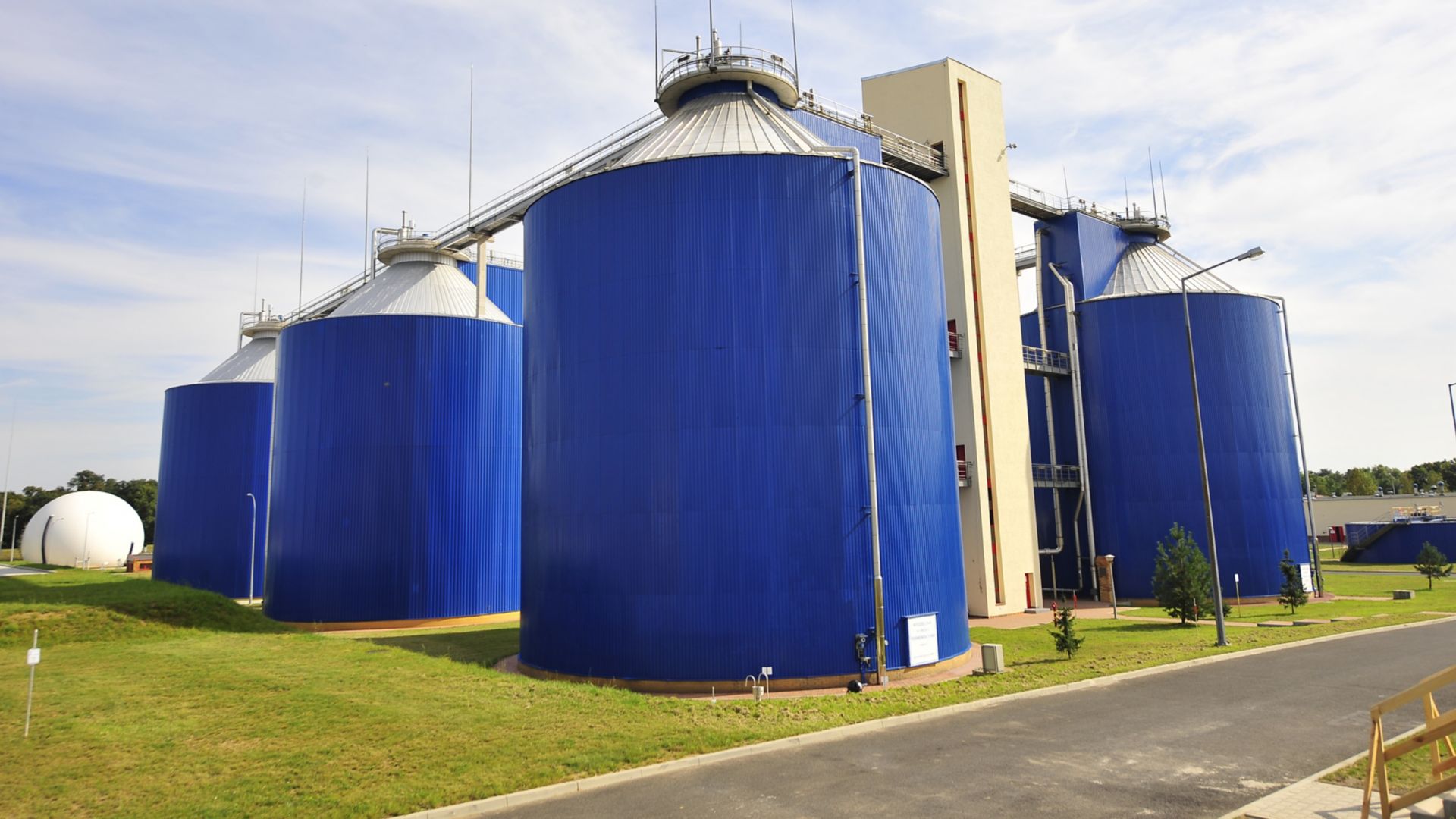 Blue sedimentation tanks in waste water treatment plant in Wroclaw in Poland