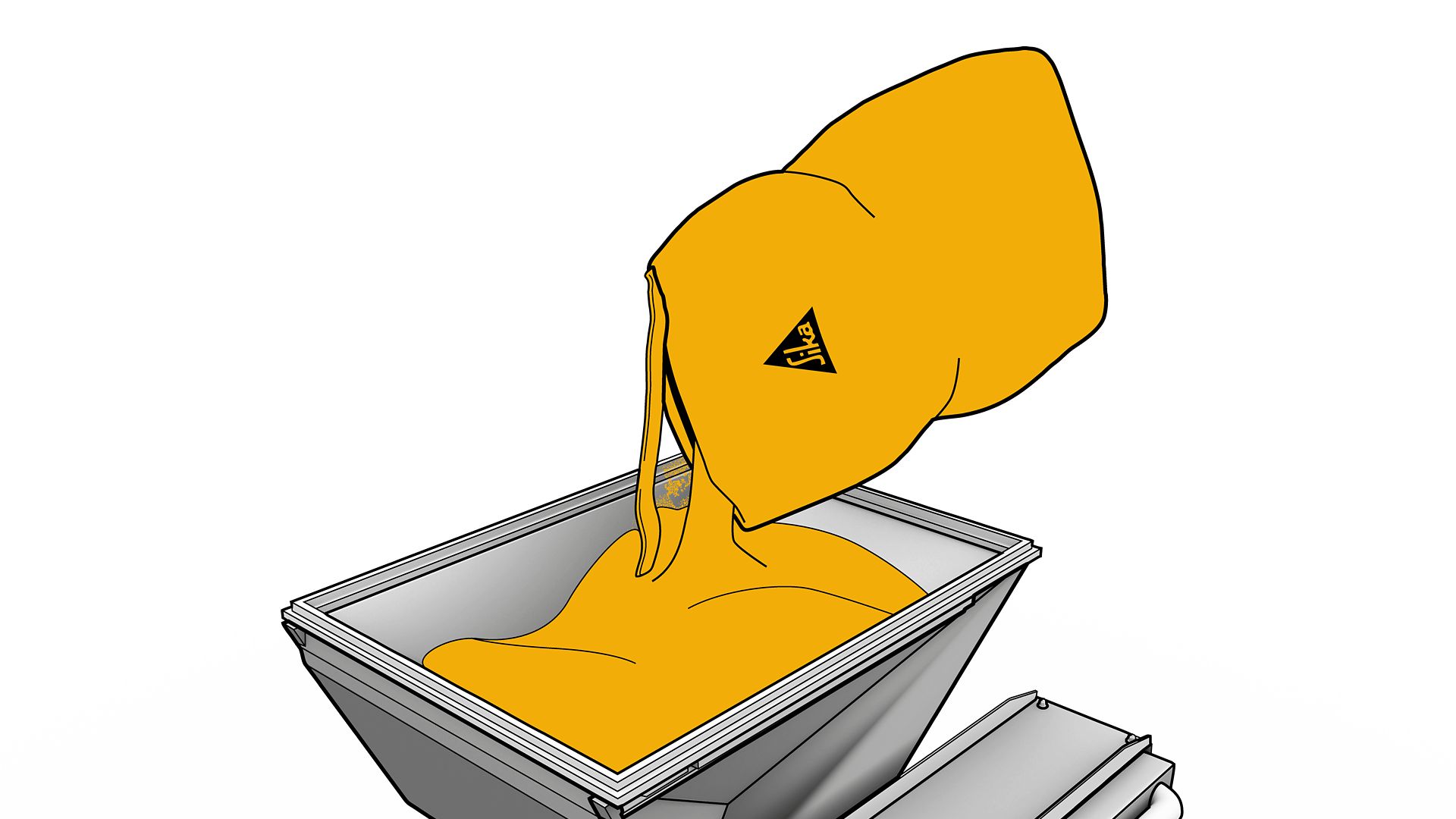 Illustration of 3D concrete printing steps dosing - bag of mortar mix being dosed into concrete mixer machine