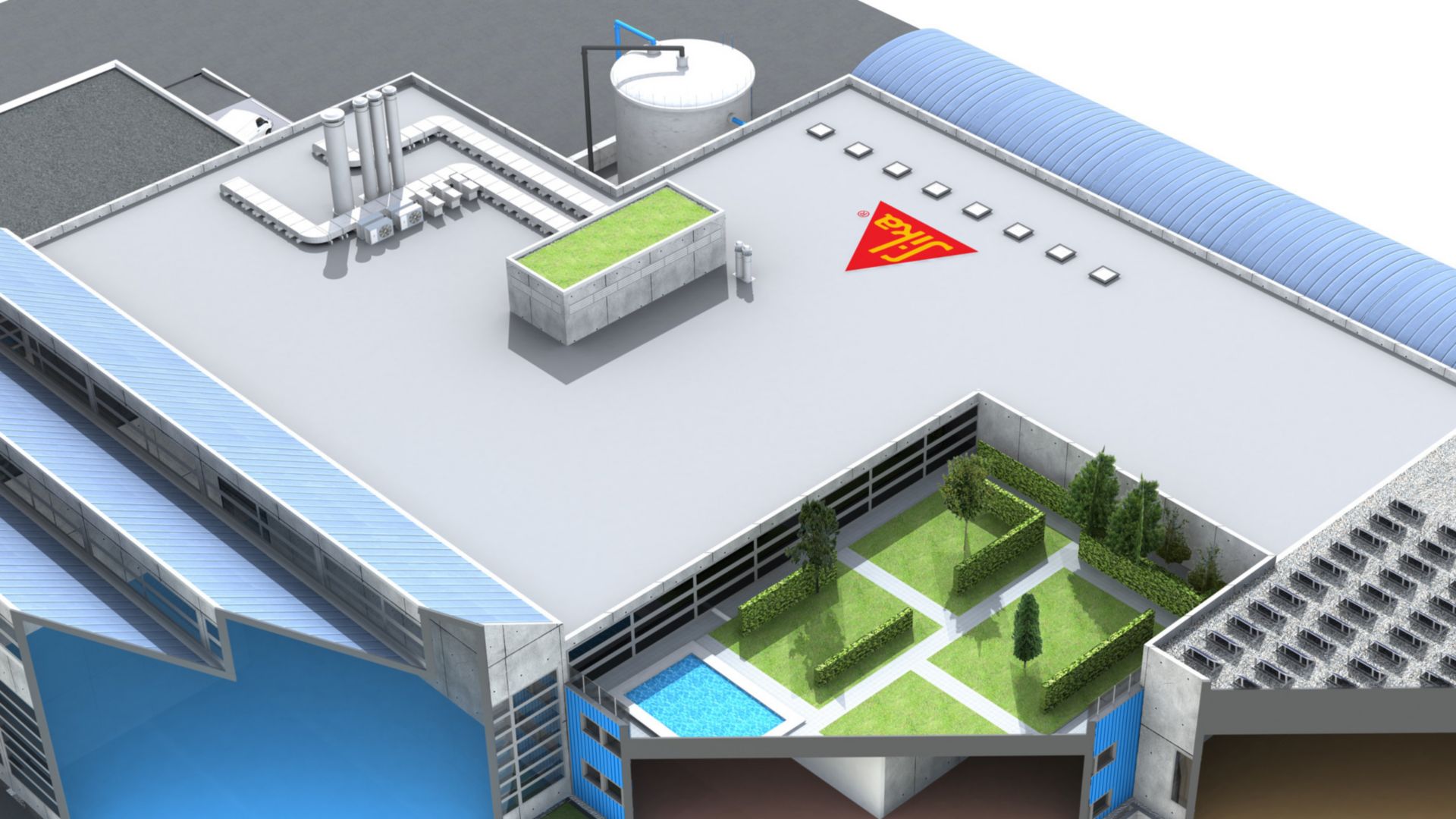 Illustration of Sika factory back of building with green roof and blue floor interior cutaway view