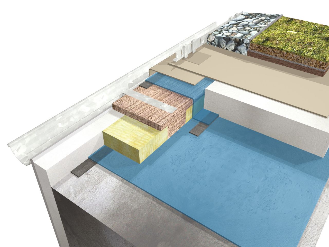 Green roof system buildup 3D rendering at gutter