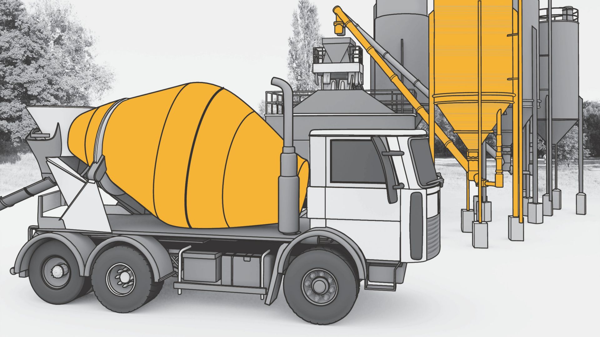 Illustration of Sika concrete production plant with concrete mixer truck