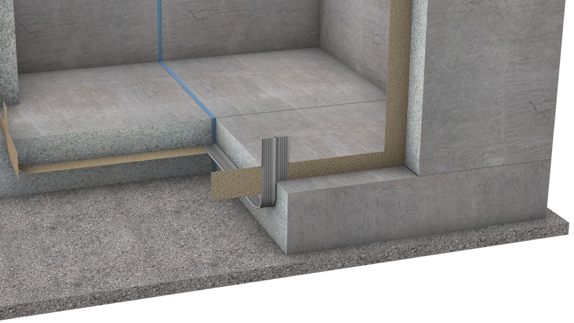 Illustration showing wall to slab detail with Sika waterbar and expansion joint in concrete