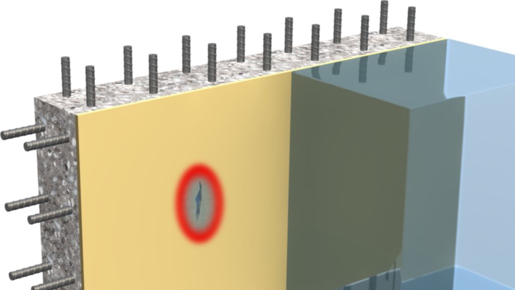 Illustration showing an isolated leak at waterproofing membrane with reinforced concrete and water